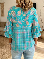 Women‘s Paisley Plaid Spliced V Neck Layered Flare Sleeve Lace Blouse