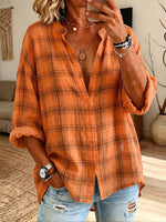 Vintage Elegant Button Long Sleeve Cotton And Linen Plaid Shirt