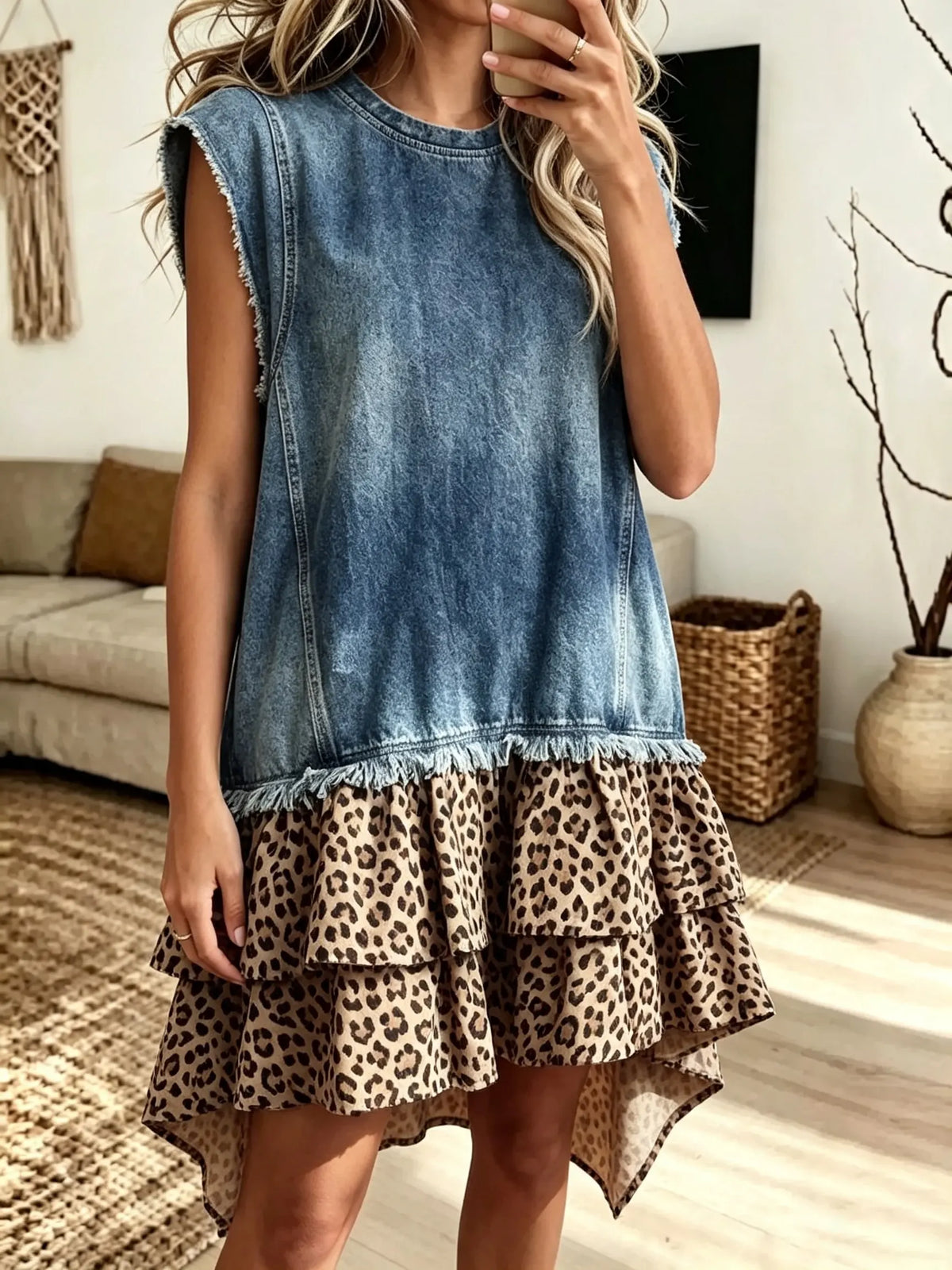 Women's Sleeveless Denim Leopard Tiered Dress