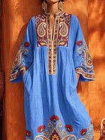 Retro Ethnic Floral Pattern Art Print Casual Stand Collar Cotton Linen Maxi Dress