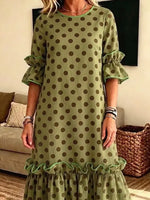 Retro Polka Dot Pattern Art Print Casual Ruffle Stylish Cotton Linen Dress