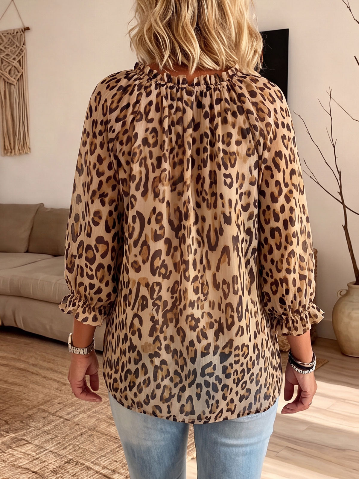 Women’s Ruffle Tie V-Neck Leopard Print Puff 3/4 Sleeve Blouse