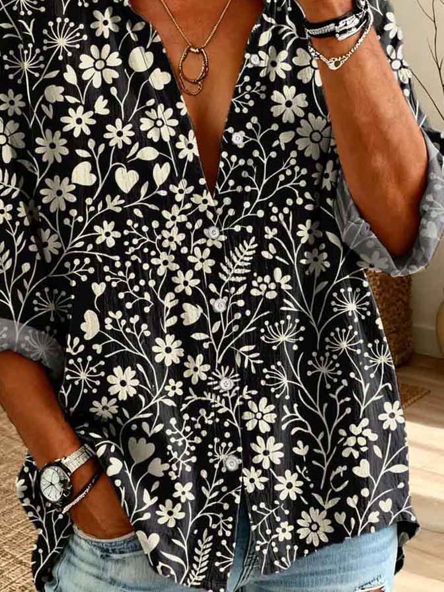 Retro Floral Pattern Art Print Casual Long Sleeve Cotton Linen Shirt