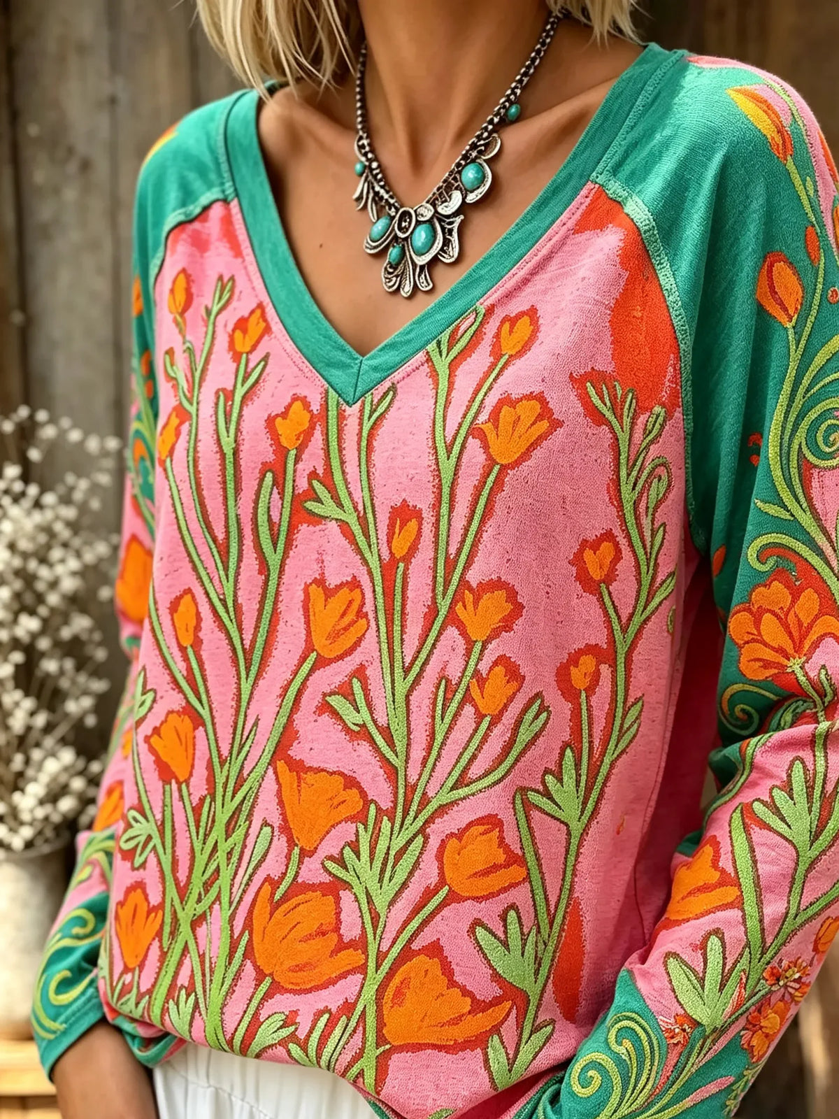 Women's Colorful Floral Print V-Neck Raglan Long Sleeve Top