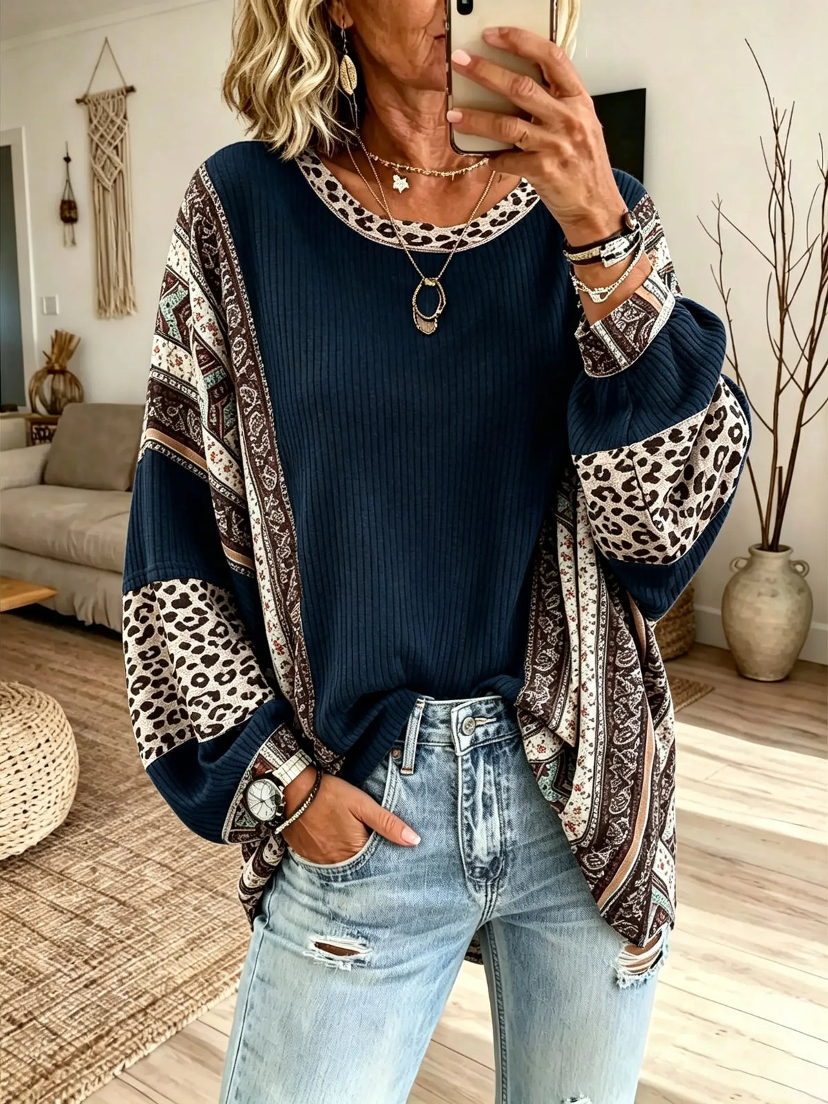 Women's Leopard Paisley Patchwork Long Sleeve Top