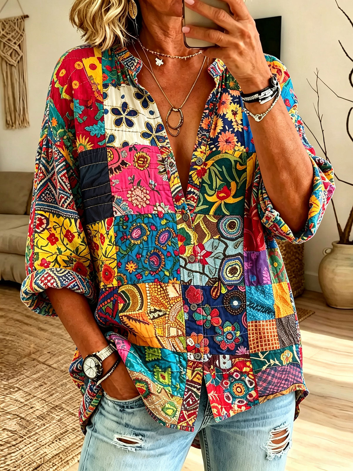 Women’s Colorful Boho Patchwork Floral Print Ruffle Collar Loose Button Down Blouse