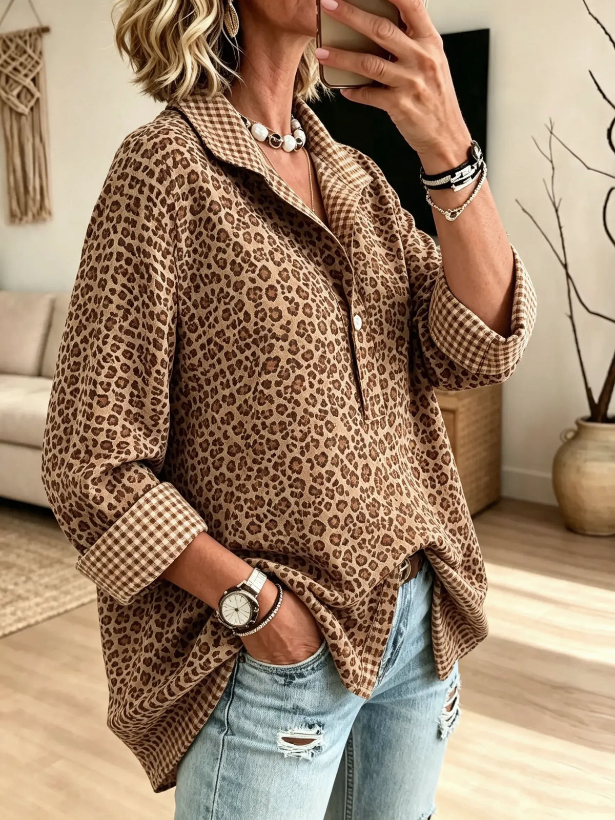 Women's Leopard Plaid Henley Blouse