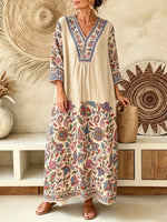 Women Vintage Floral Border Print V-Neck Loose Maxi Dress