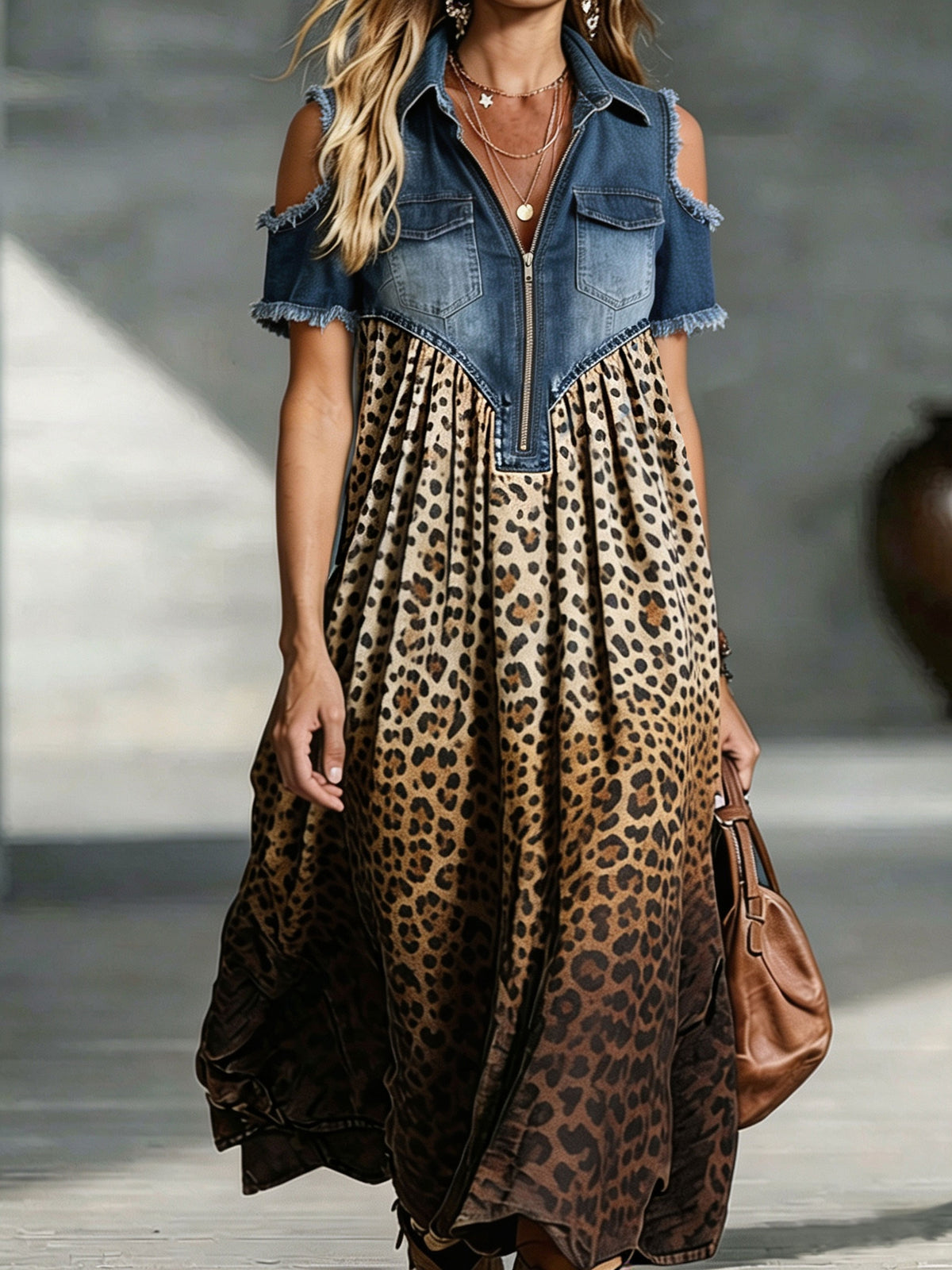 Women's Denim Spliced Leopard Print Cold Shoulder Maxi Dress