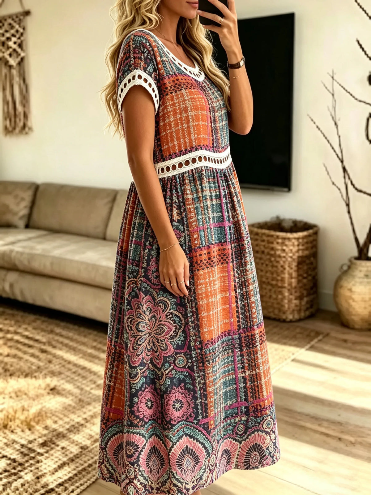 Women's Vintage Plaid Floral Mixed Print Short Sleeve Midi Dress