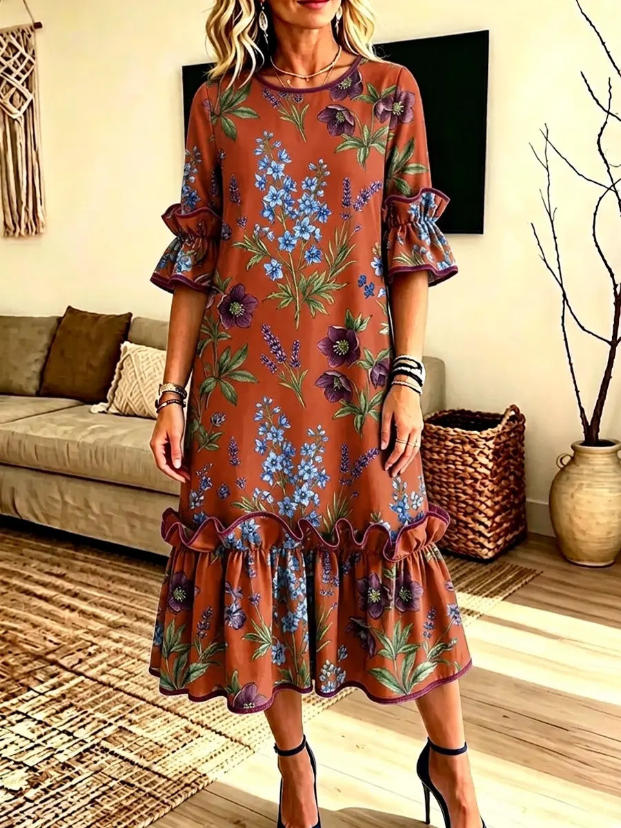 Retro Floral Pattern Art Print Casual Ruffle Stylish Cotton Linen Dress