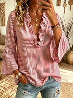 Women's Striped Ruffle V-Neck Blouse