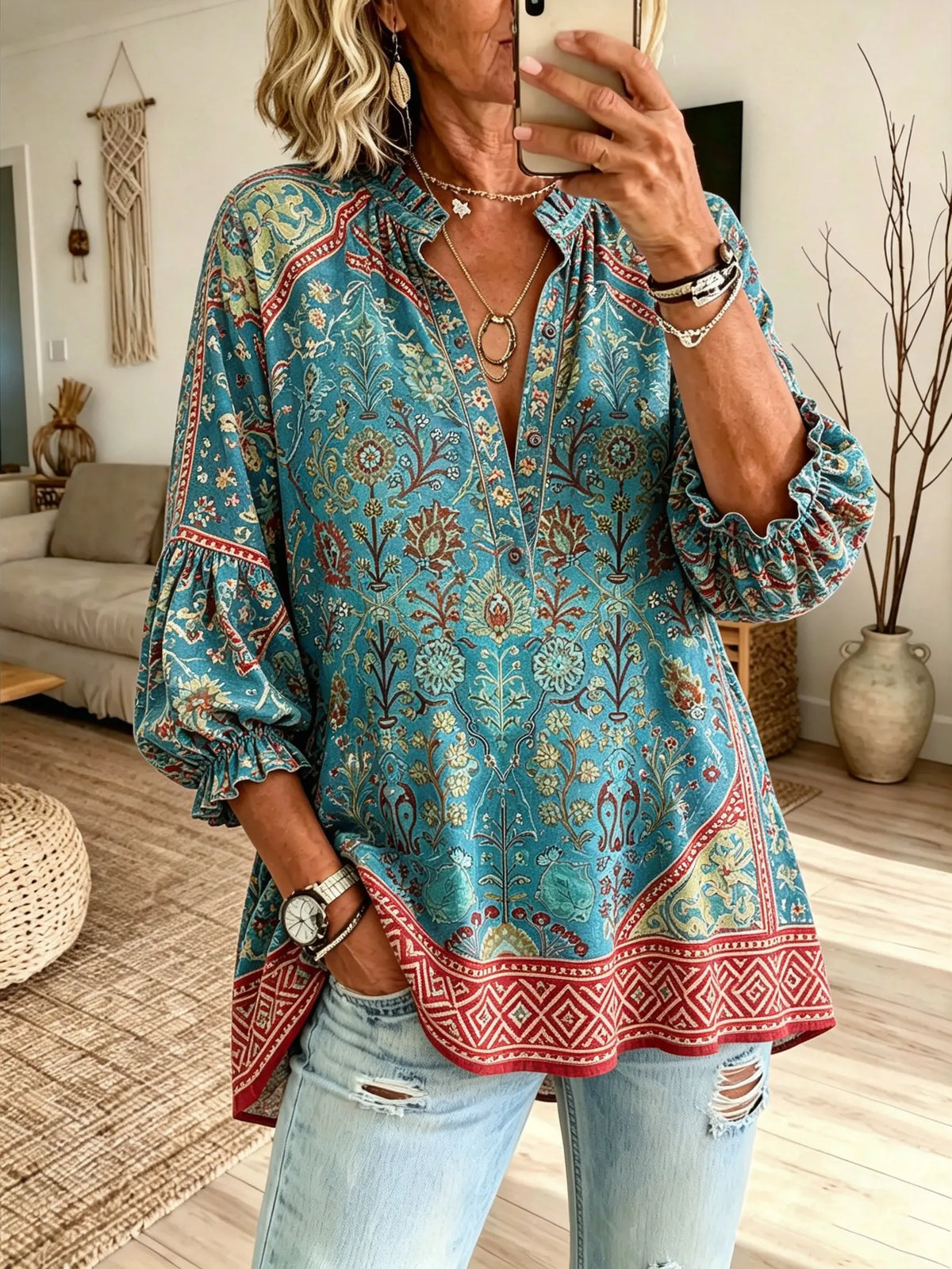 Women's Teal Vintage Ethnic Botanical Border Print Stand Collar Bubble Sleeve Blouse