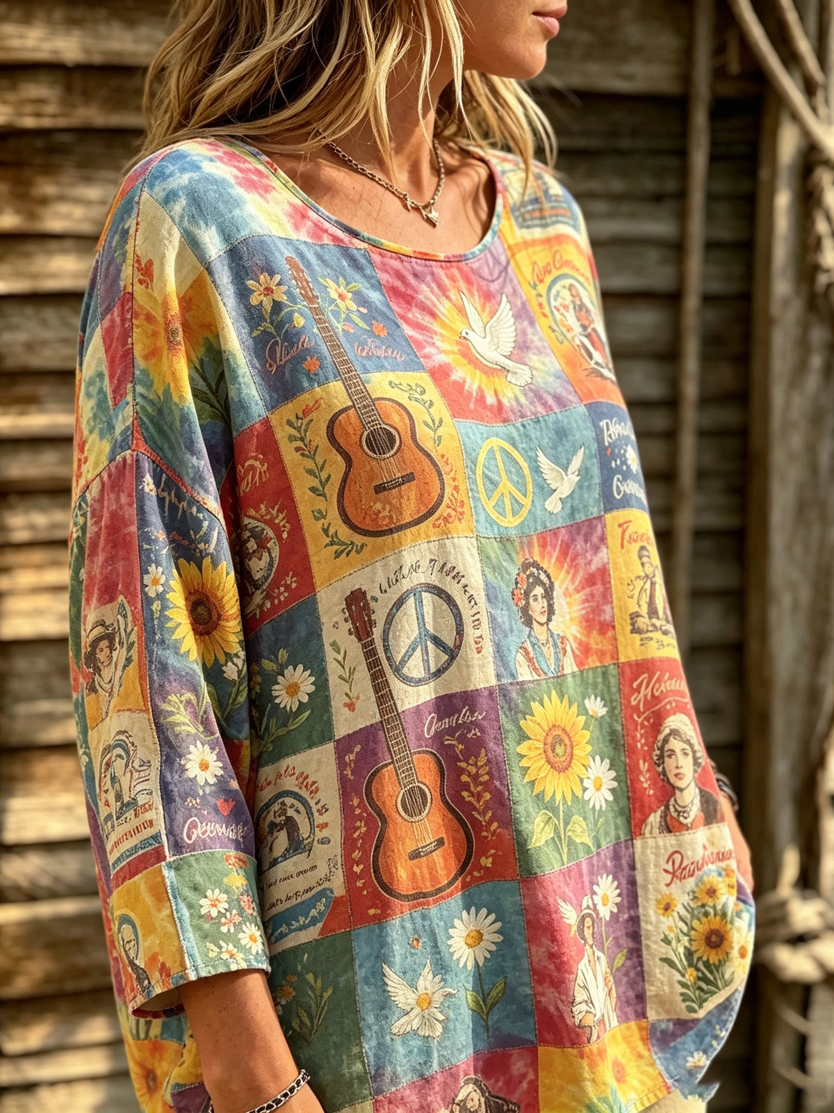 Women's Guitar Peace Patchwork Print Blouse