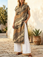 Retro Leopard Patchwork Pattern Art Print Casual Side Slits Stylish Cotton Linen Shirt