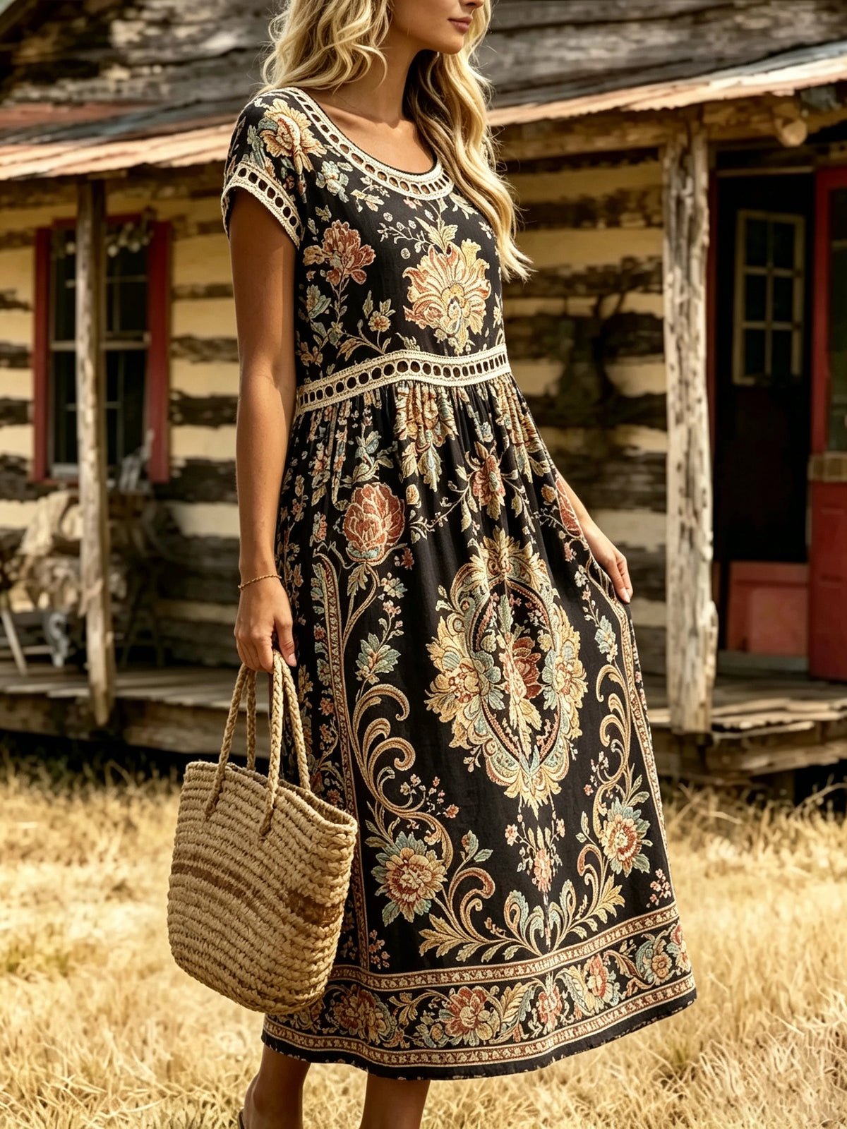 Women's Eyelet Cutout Tapestry Midi Dress