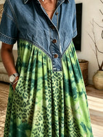Women’s Green Tie-Dye Leopard Print Loose Dress