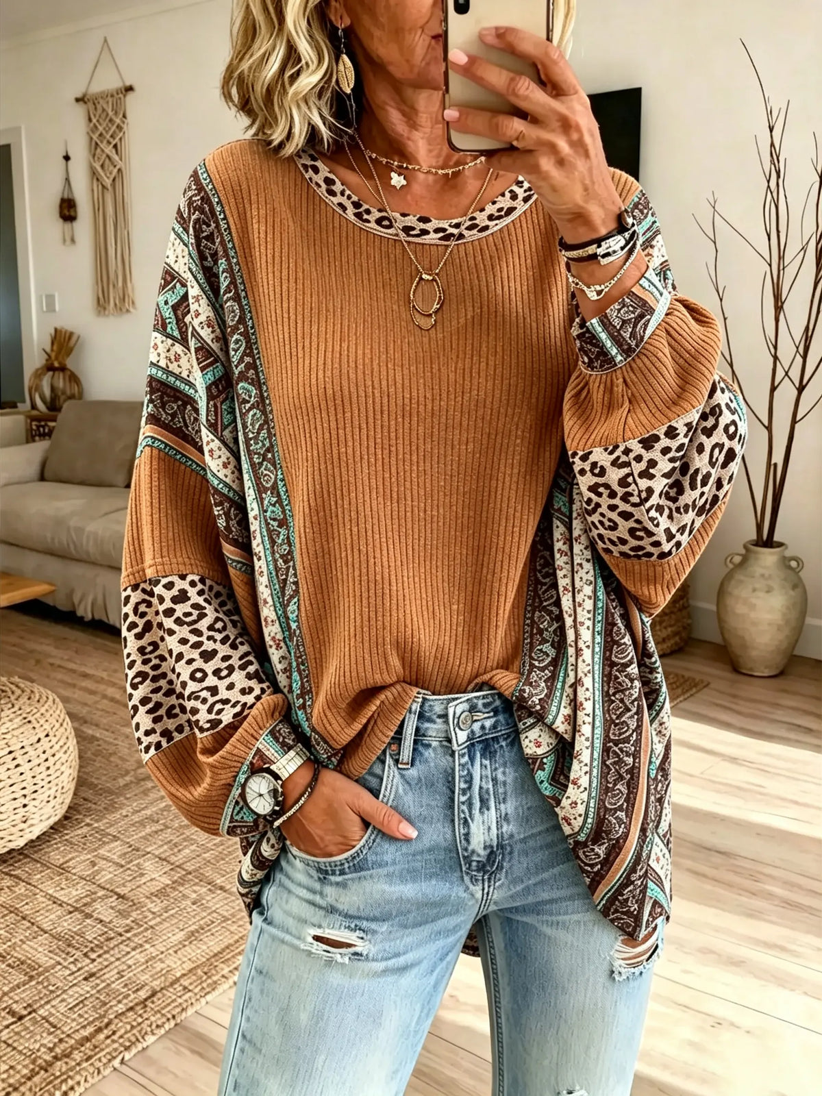 Women's Leopard Paisley Patchwork Long Sleeve Top