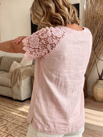 Womens Round Neck Floral Lace Raglan Short Sleeve Casual Blouse