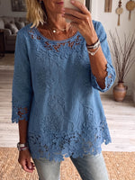 Vintage Elegant Denim Patchwork Hollowed Out Lace Shirt