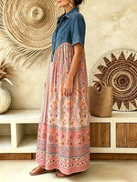 Women Ethnic Floral Geometric Print Short Sleeve Denim Spliced Maxi Dress