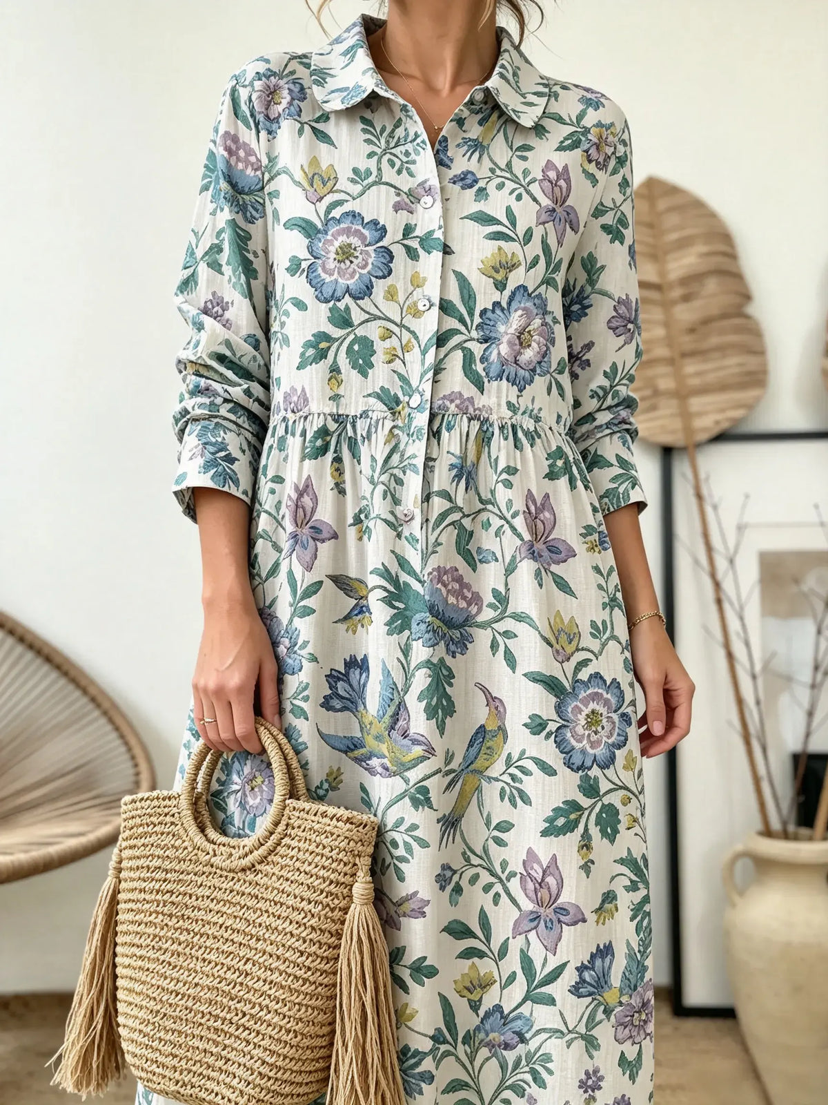 Women's Bird Botanical Border Print Collared Long Sleeve Maxi Dress