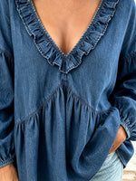Women's Ruffled V-Neck Babydoll Denim Blouse