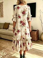 Retro Floral Pattern Art Print Casual Ruffle Stylish Cotton Linen Dress