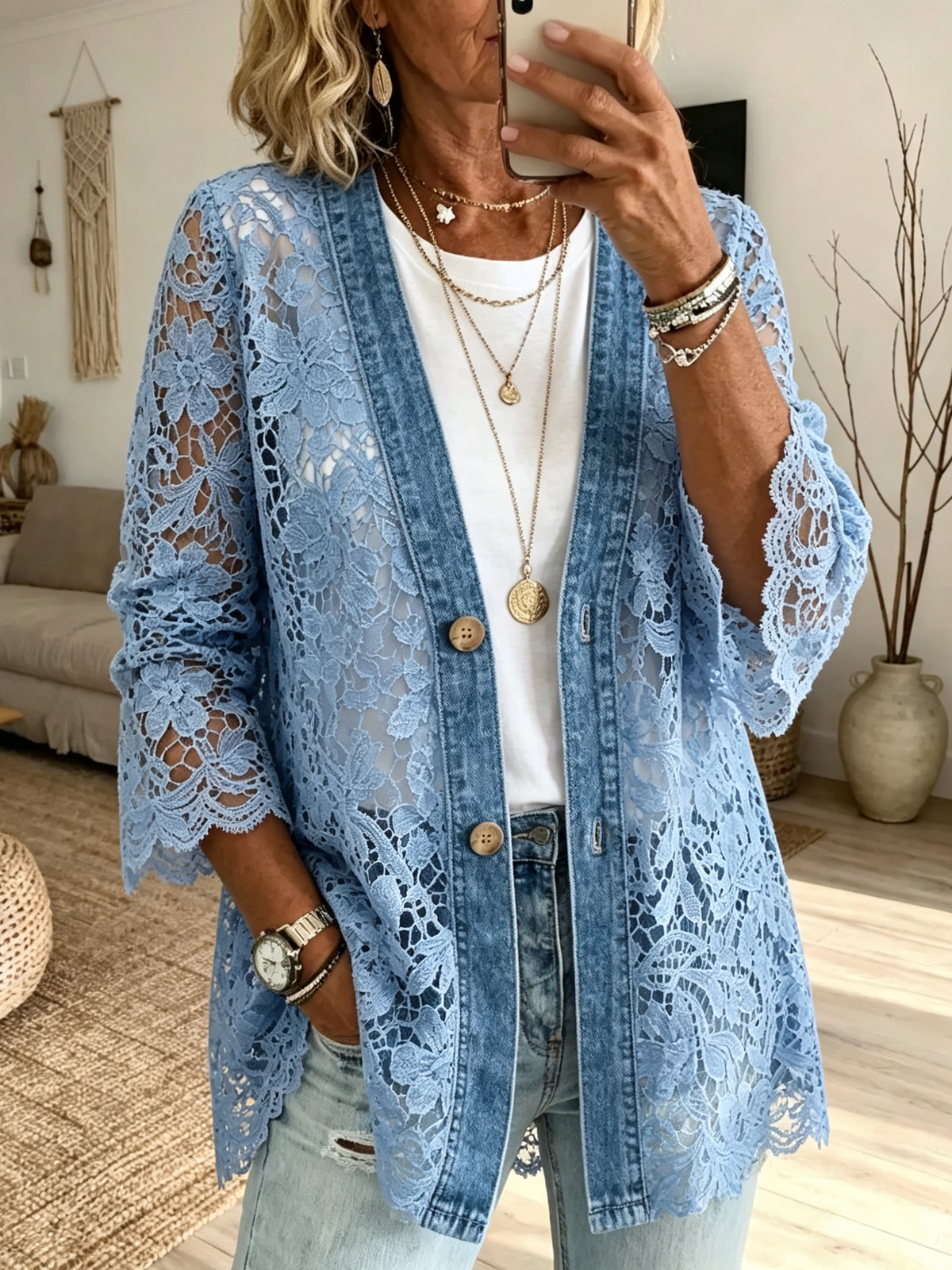 Women's Sheer Floral Lace Denim Cardigan