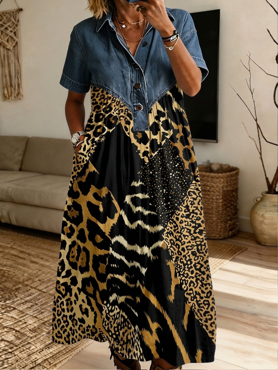 Women’s Denim Spliced Mixed Animal Print Loose Midi Dress With Pockets