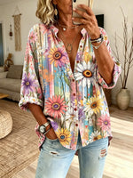 Women's Rainbow Daisy Watercolor Floral Print Collared Loose Shirt