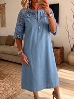 Vintage Elegant Denim Patchwork Hollowed Out Lace Dress