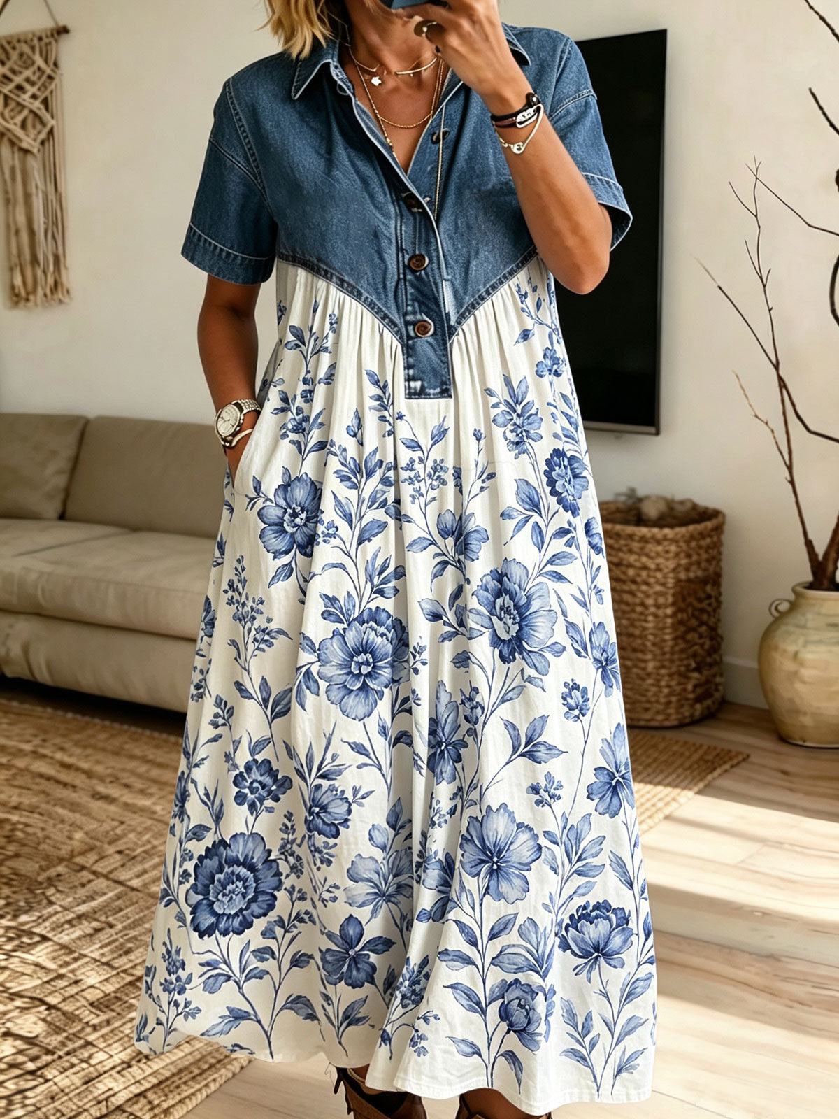Women Denim Spliced Blue Floral Print Shirt Maxi Dress With Pockets