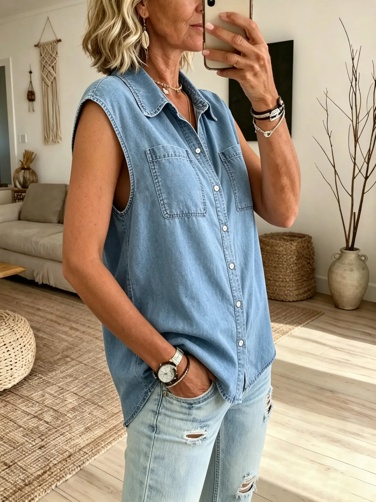 Women Solid Washed Denim Sleeveless Collared Shirt