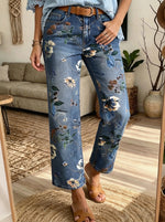 Vintage Floral Print Cropped Flare Jeans For Women