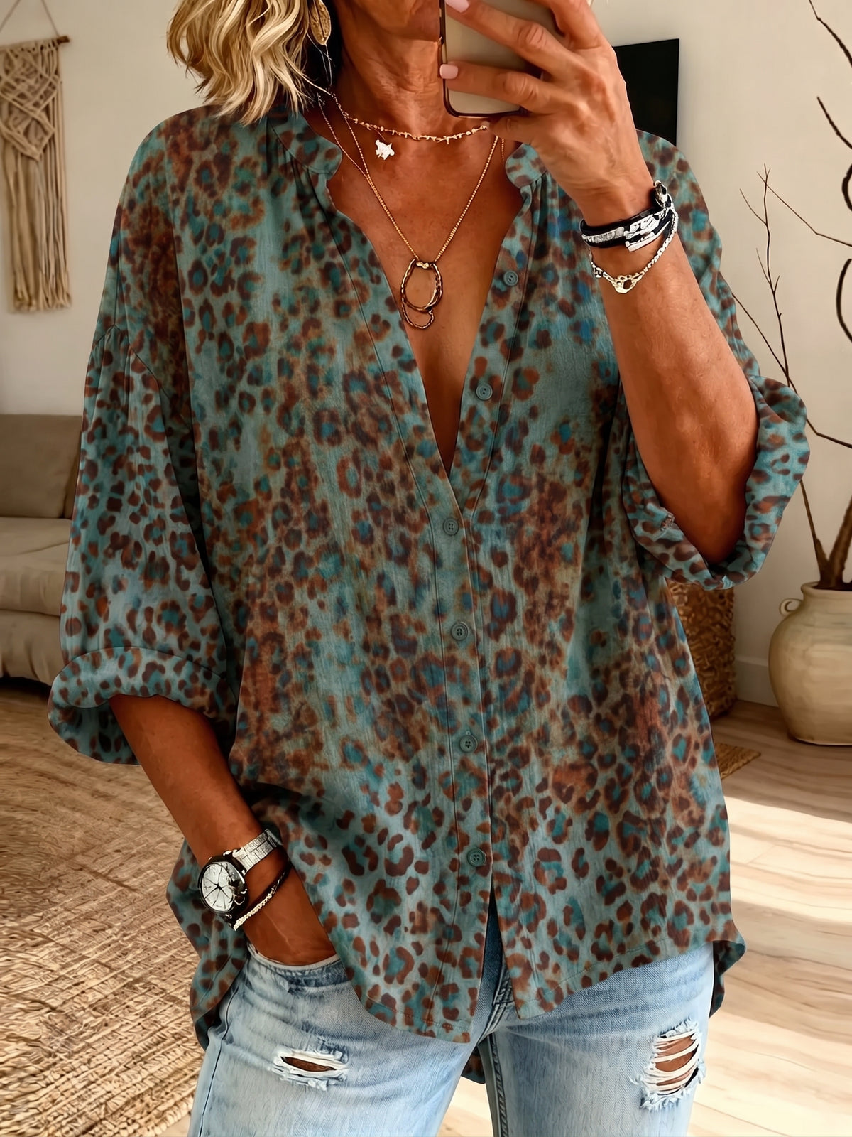 Women’s Notch Collar Leopard Print Loose Button Down Blouse