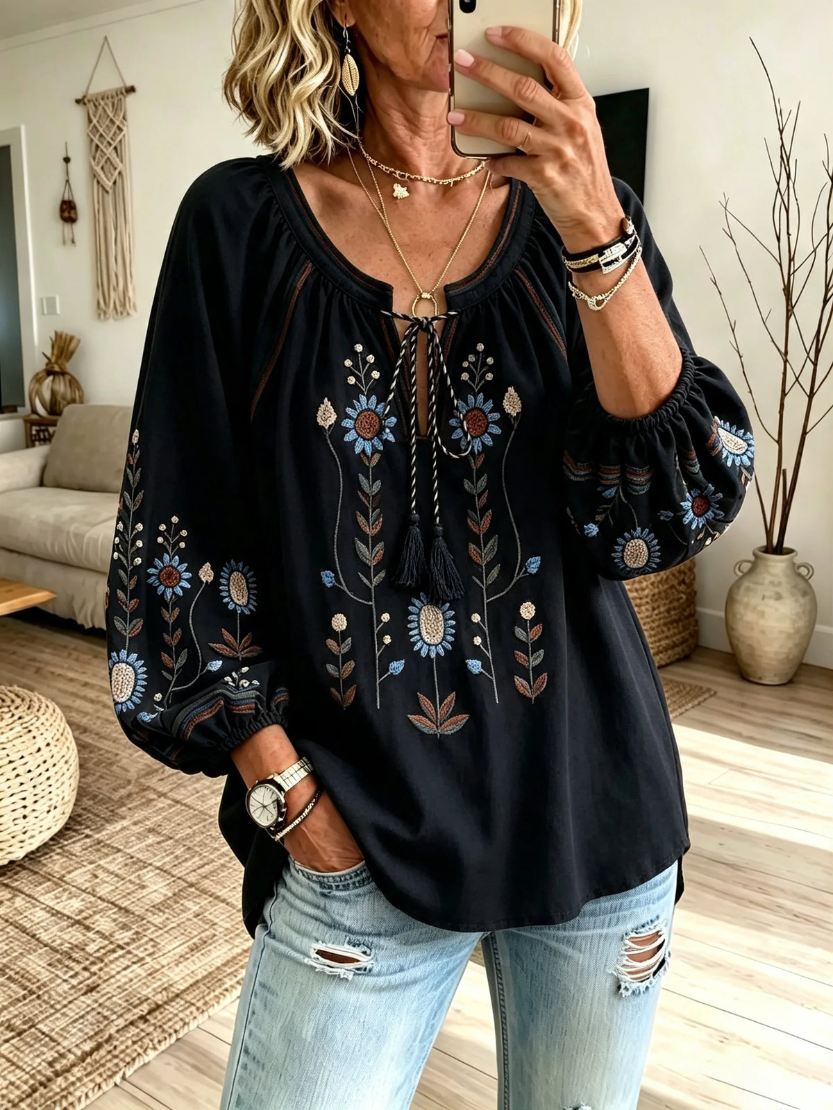 Women's Colorful Daisy Floral Print Tie Neck Puff Sleeve Top