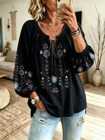 Women's Colorful Daisy Floral Print Tie Neck Puff Sleeve Top