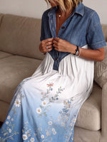 Women’s Denim Spliced Gradient Floral Dragonfly Print Loose Midi Dress With Pockets