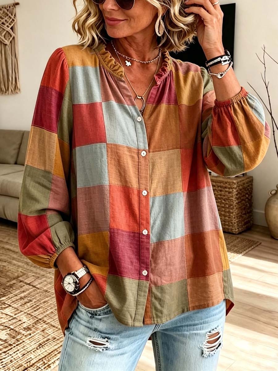Classic Geometric Plaid Pattern Art Print Casual Long Sleeve Cotton Linen Shirt