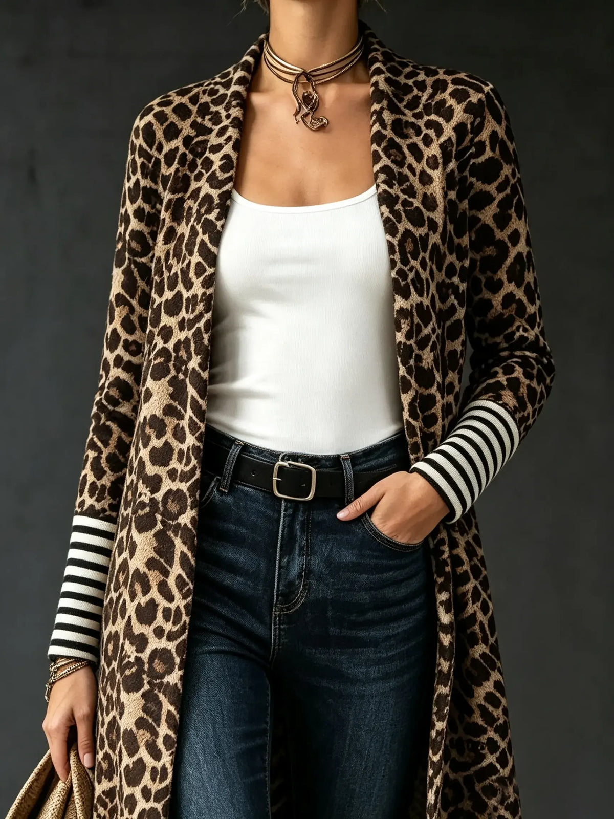 Women's Leopard Stripe Patchwork Long Cardigan