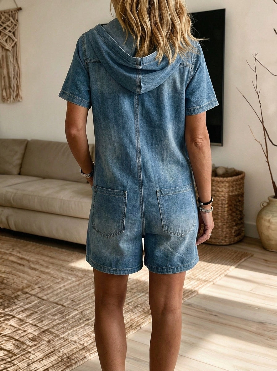 Women’s Hooded Button Front Washed Denim Short Sleeve Romper With Pockets