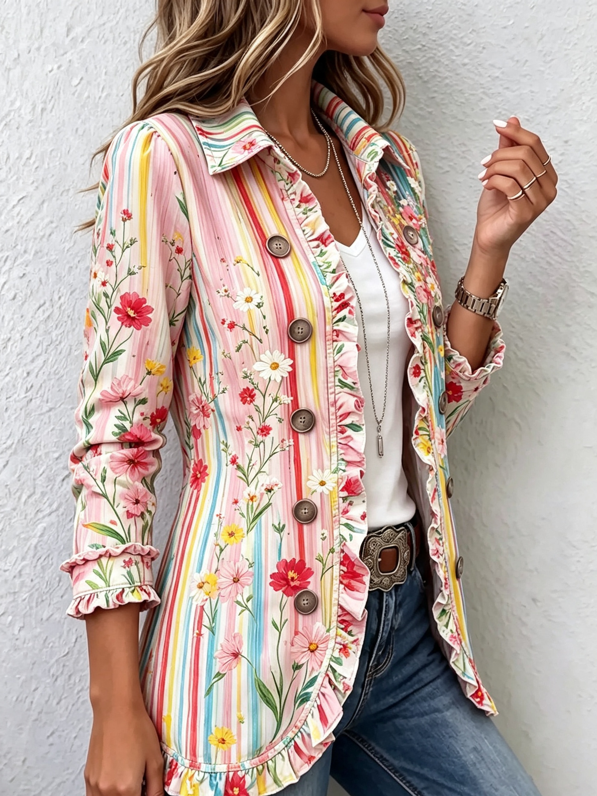 Women's Floral Stripe Ruffle Blazer Jacket