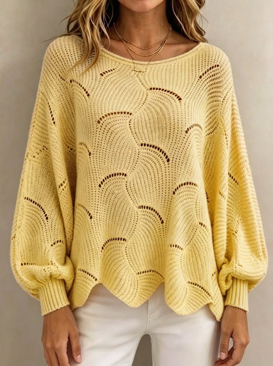 Women Hollow‑Out Wave Knit Sweater Loose Lantern Long Sleeve Casual Pullover Top
