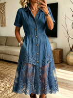 Women's Sheer Lace Patchwork Denim Midi Dress