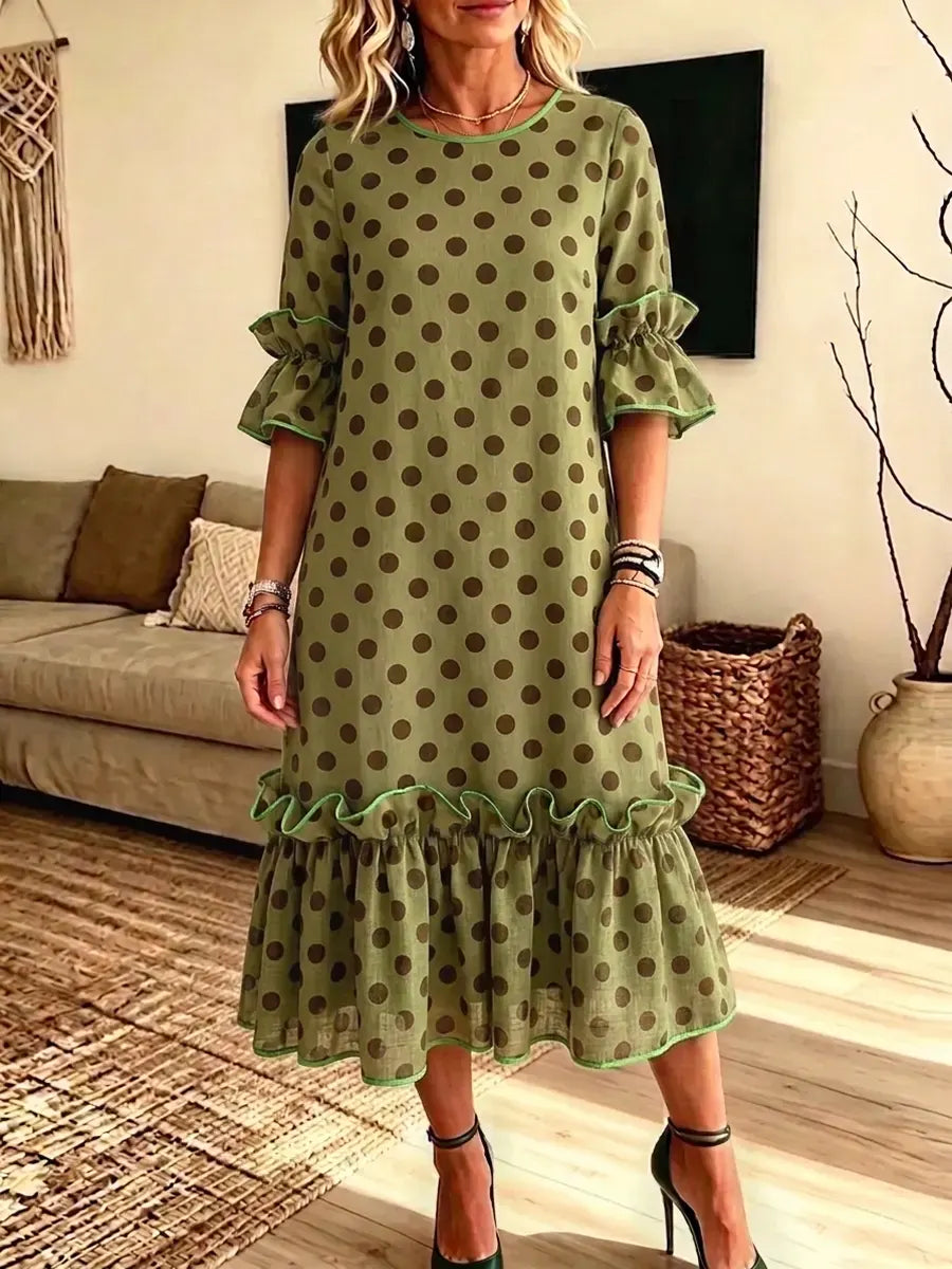 Retro Polka Dot Pattern Art Print Casual Ruffle Stylish Cotton Linen Dress