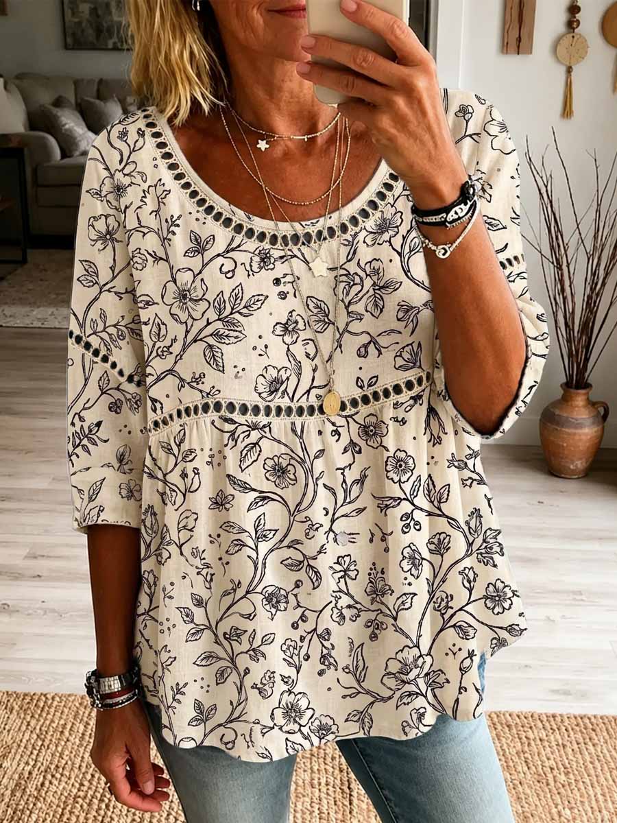 Retro Floral Pattern Art Print Casual Hollow Short Sleeve Cotton Linen Shirt
