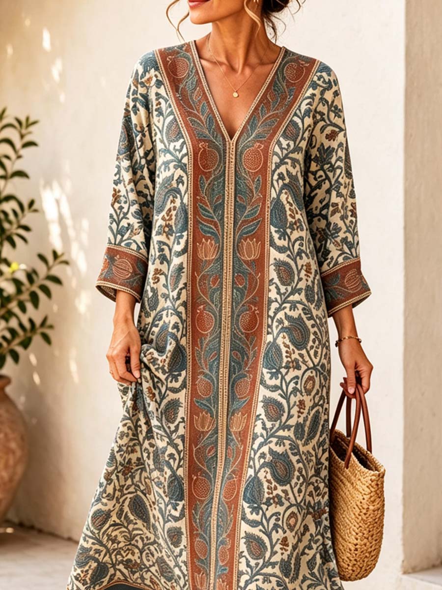 Retro Ethnic Floral Pattern Art Print Casual V-neck Cotton Linen Maxi Dress