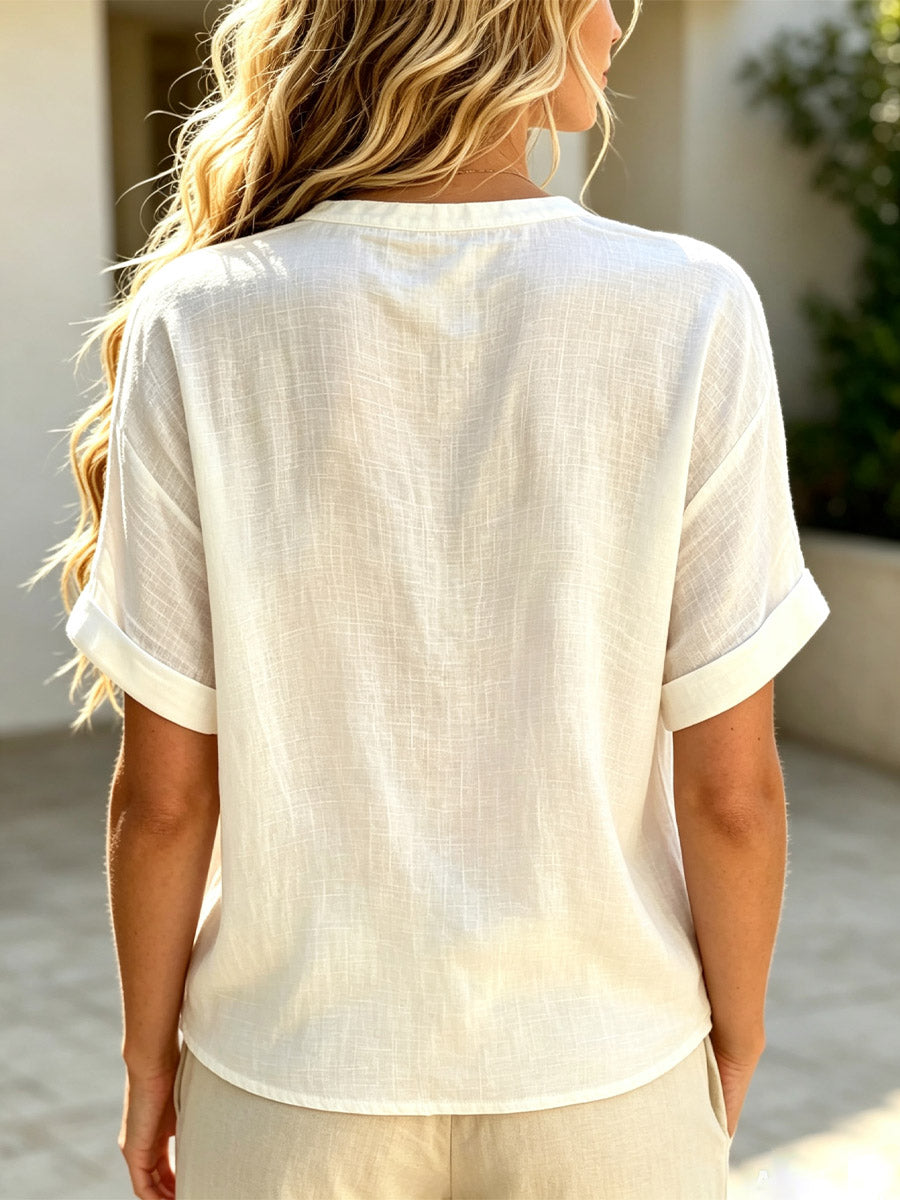 Women's Solid Color Short Sleeve Cotton And Linen Shirt