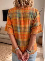 Womens Ruffle Collar Plaid Fringe Trim Short Sleeve Button Blouse